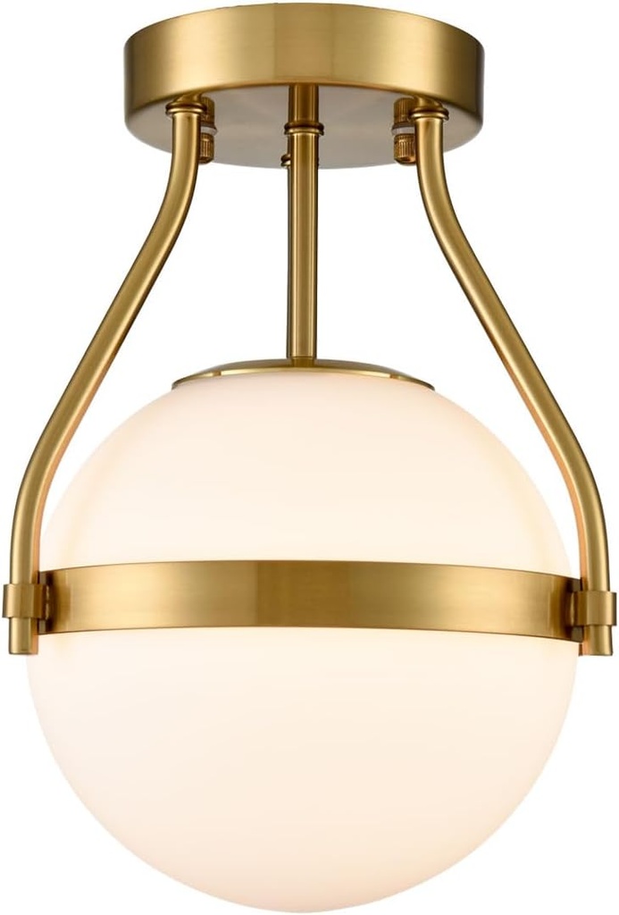 HOLKIRT Modern Light Fixture,Mid Century Semi Flush Mount Ceiling Light,Kitchen Light Fixtures Hallway Light Fixtures Ceiling,Brass Globe Ceiling Light Bedroom with Opal Glass 7Inch/18CM