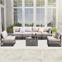 7-Piece Outdoor Wicker Sectional Set with 2 Armchairs, 4 Armless Chairs and Glass Table, Modular PE Rattan Sofa with Beige Cushions for Patio, Deck, Garden, Porch