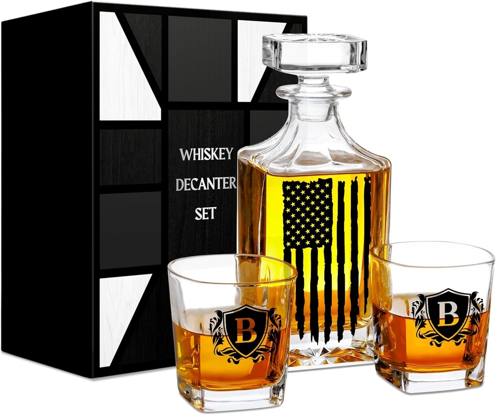 Onebttl American Flag Whiskey Decanter Set – 750ml Personalized Decanter with 2 Glasses, Gift for Men, Dad, Veteran – Birthday, Father's Day, Patriotic Gift, B