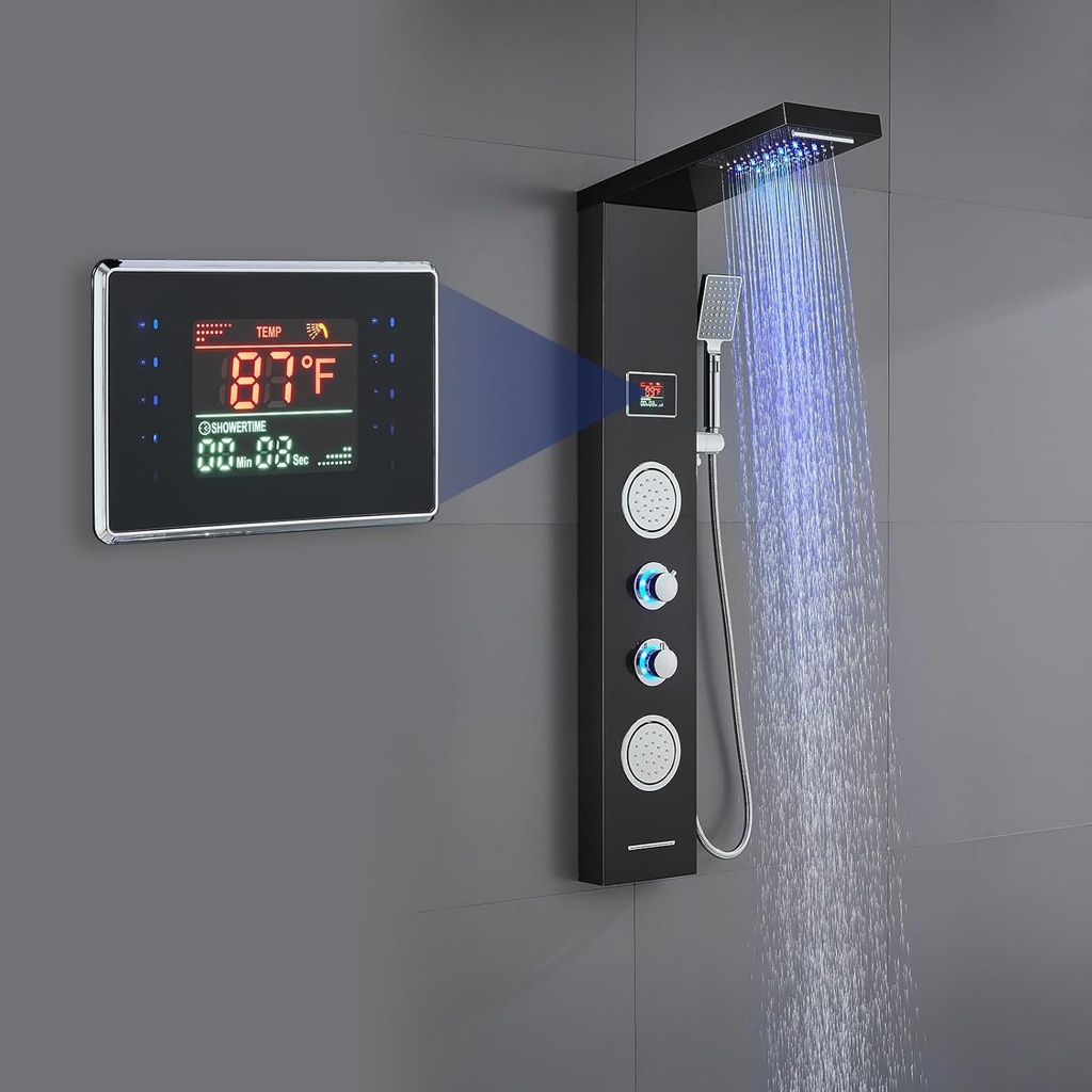 ROVATE LED Shower Panel Tower System - Rainfall Waterfall Shower, Round Body Jets, Handheld and Tub Spout, Digital Temp-Display, LED Knob, No Battery Needed 5-in-1 Stainless Steel Shower Column Black