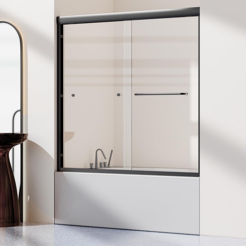 56-60" W x 58" H Semi-Frameless Sliding Bathtub Shower Door, Bathroom Glass Shower Door for Bathtub with 1/4'' (6mm) Clear SGCC Tempered Glass, Matte Black, Shower Doors can be Installed Left/Right