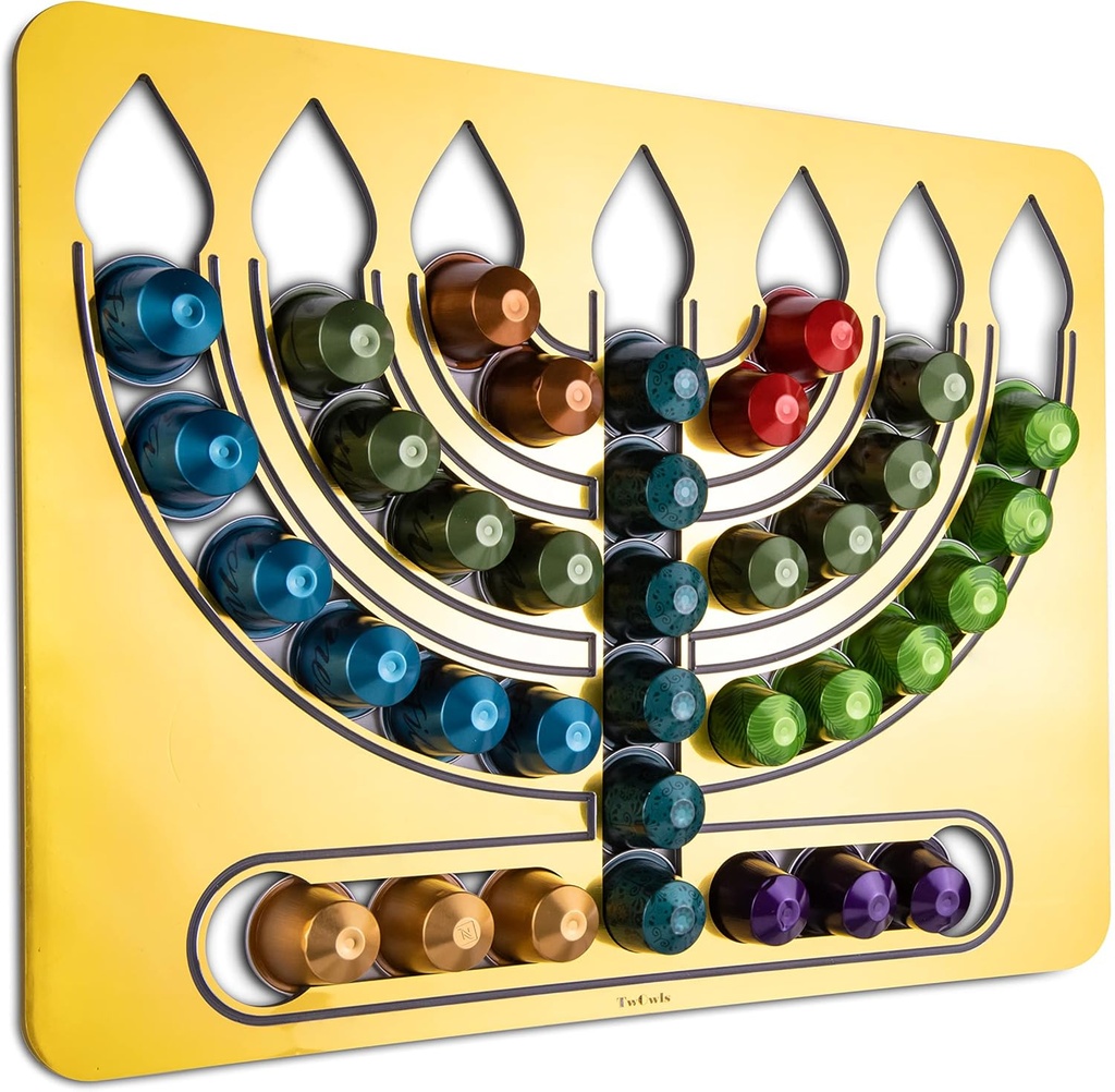 golden mirror Hanukkah Menorah coffe pods organizer stand rack compatible with Nespresso clasic capsules