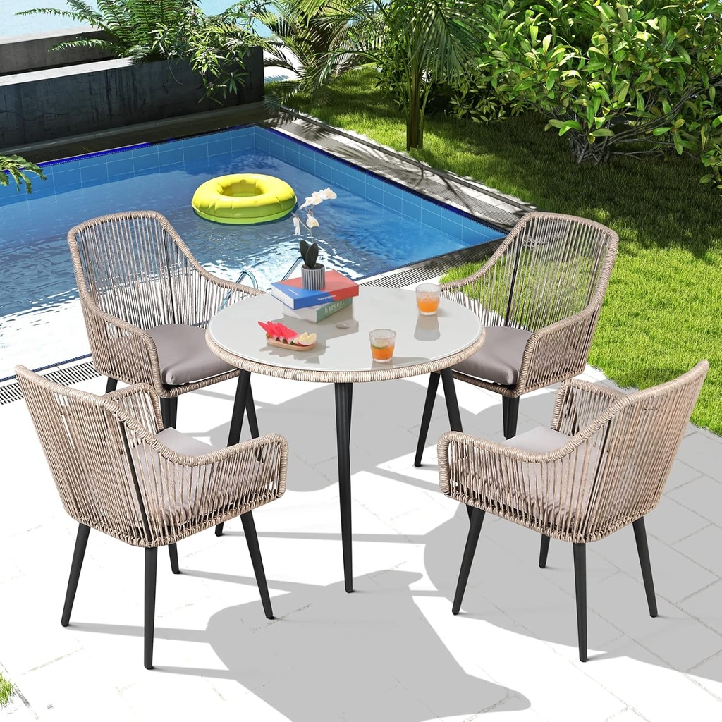 Patiorama 5-Piece Patio Dining Set, Outdoor Dining Table Chair Set, All-Weather Twisted Rattan Wicker Rope Conversation Set, Patio Furniture Set w/Umbrella Hole, 4 Cushioned Chairs&Glass Table(Tan)