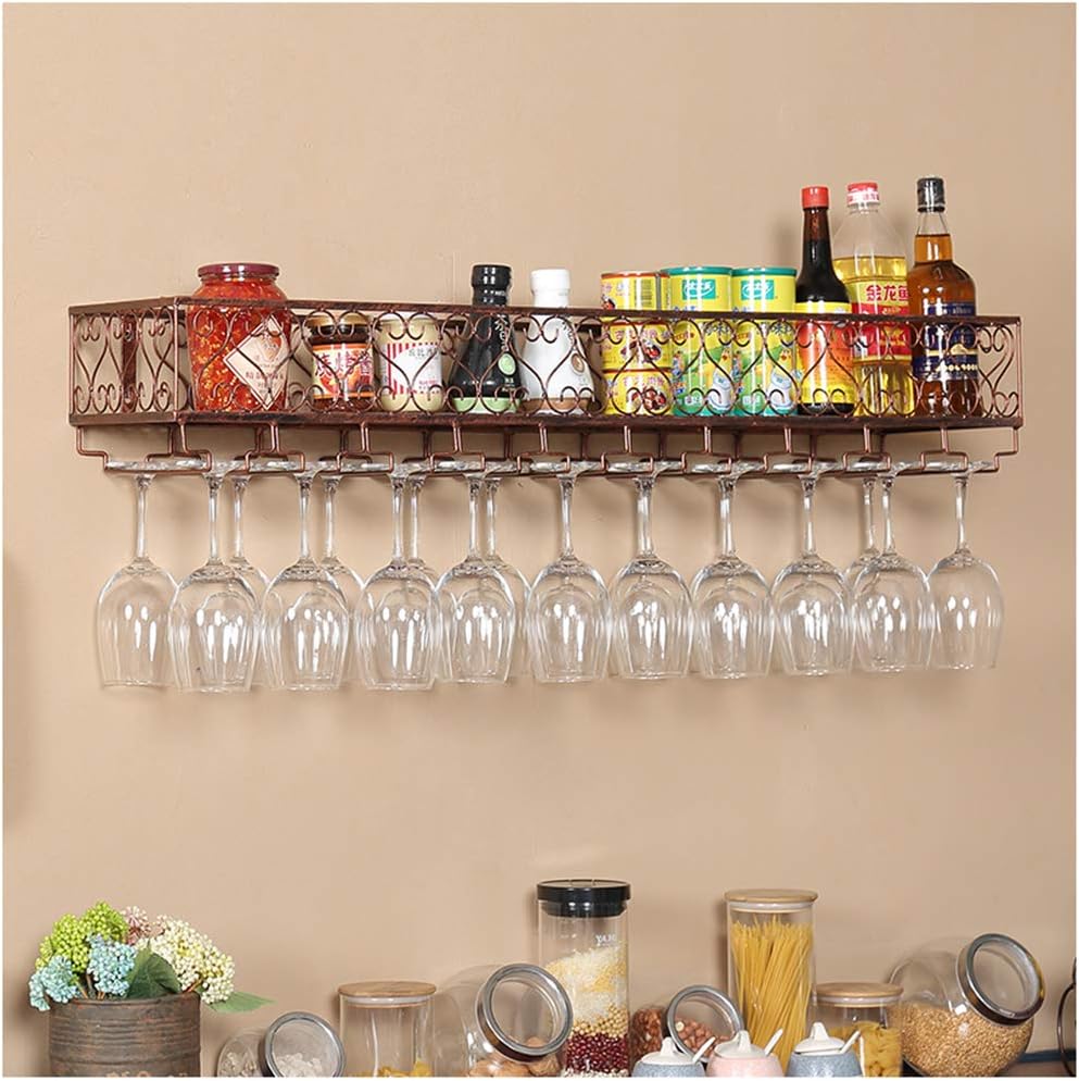 Organize Kitchen Wine Rack Wall Mounted, Rustic Metal Decor Wine Storage Holder Racks, Stemware Racks for Bar, Kitchen Dining, Cabinet, Brown/Commercial Cellars Clubs (Brown 120CM) (Brown 60CM)