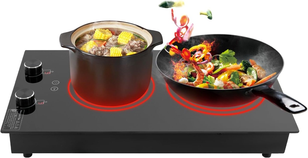 Electric Cooktop, 2000W Double Burner Electric Ceramic Stove Top With Knob Control, Countertop Hot Plate For Cooking, Overheat Protection,10 Gears Power Levels Setting, Compatible With All Cookware