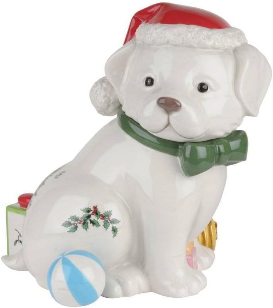 Spode Christmas Tree Dog Treat Canister, 10” Cookie Jar, Candy Bowl with Lid, Festive Xmas Holiday Storage Décor, Figural Puppy Shaped Gift