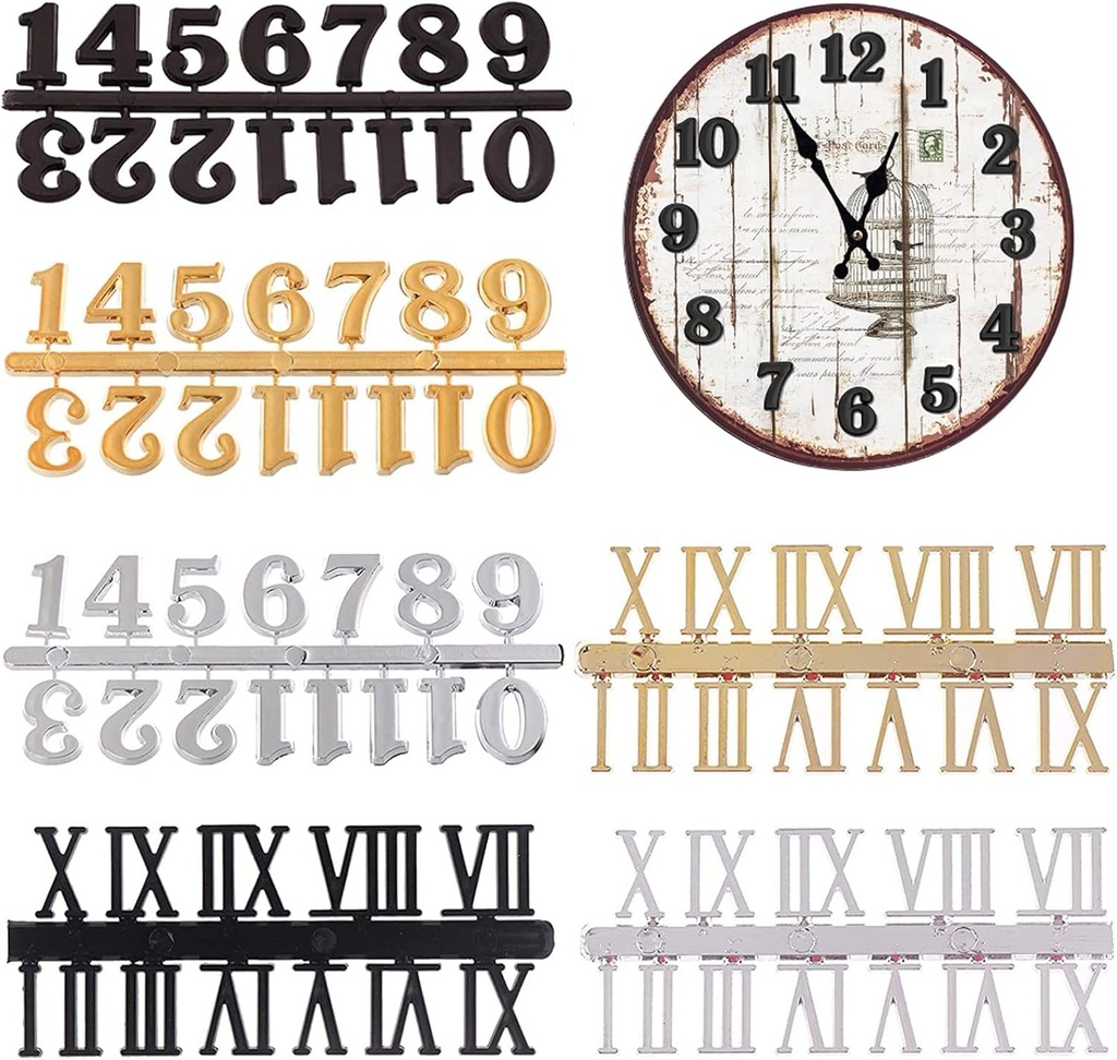 Clock Numerals Kit DIY Digital Clock Numbers Arabic Number and Roman Number for Clock Hands Replacement Parts Clock Accessories in Black Silver Gold (6 Pieces)