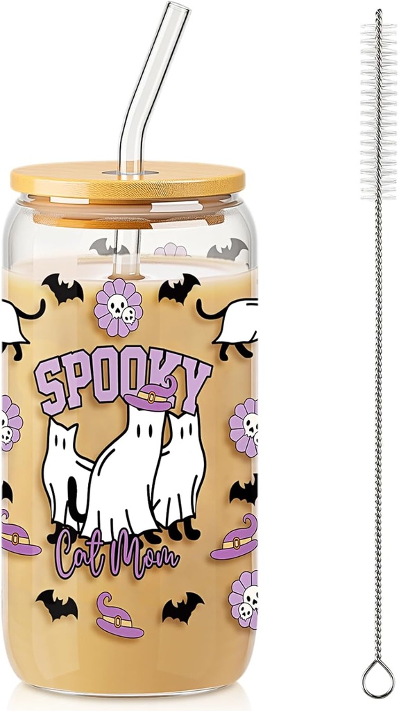 Honeydak Halloween Ghost Glass Cup 16 oz Funny Spooky Iced Coffee Tumbler with Bamboo Lid Straw and Brush Cute Halloween Cat Bottle Fall Glass Cup Gift for Women Birthday Family Party Decoration