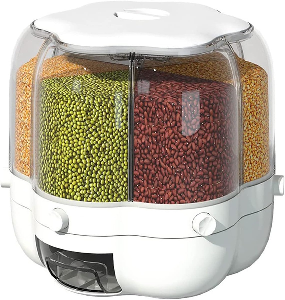 Rice Dispenser, 360° Rotating Grain Storage Food Dispenser,6-Grid Rotating Food Dispenser Food Dispenser Kitchen Organization for Rice, Beans, Grains