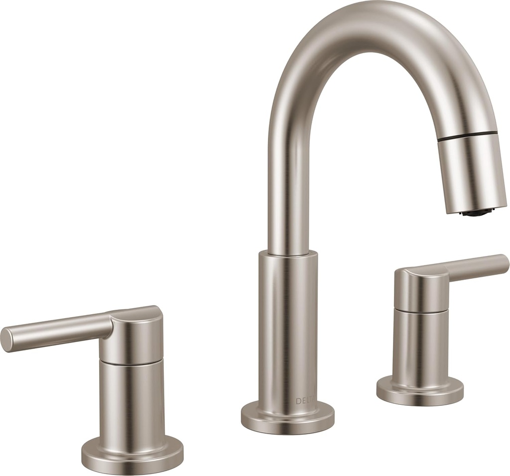 Delta Nicoli Brushed Nickel Bathroom Faucet with Sprayer, 8 Inch 3 Hole Widespread Bathroom Sink Faucet with Pull Out Sprayer, Push-Pop Drain, Stainless 35749LF-SSPD