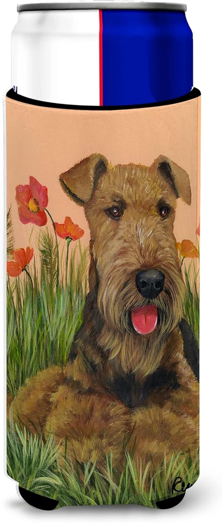 Caroline's Treasures Airedale Terrier Poppies Ultra Hugger for slim cans cold-beverage-koozies, Multicolor