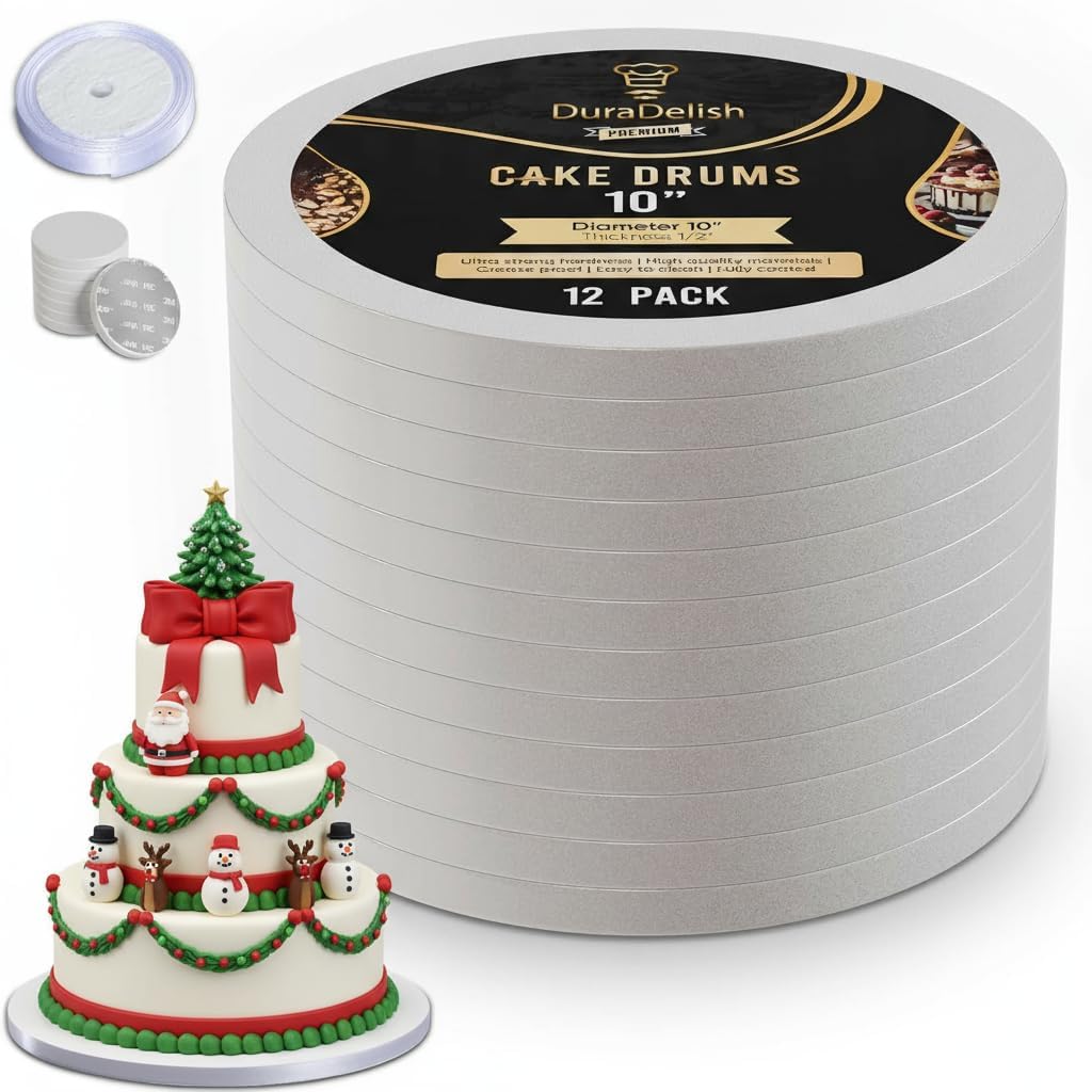 12-Pack Cake Drums 10 inch Reversible, Sturdy 1/2" Thick, Greaseproof, White | Free Prop Up Tool + Matching Ribbon | Professional Round Cake Boards for Tiered, Wedding, Birthday Cakes