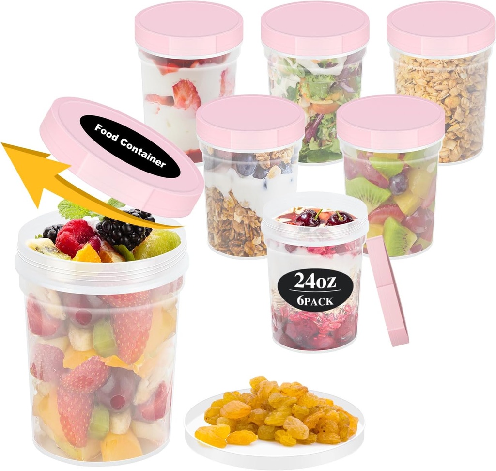 Reusable Food Freezer Storage Containers with Lids, BPA Free Twist Top Deli Container, Leak Proof, Stackable, Microwave and Dishwasher Safe (6, Pink (24oz-6Pack), 24oz)