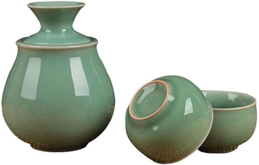 Ceramic Sake Set, Including 1 Sake, 2 Sake Cups, 1 Set of 4 Pieces of Celadon Wine Glass for Warmer, Used for Cold/hot/Shochu/Tea, is The Best Gift