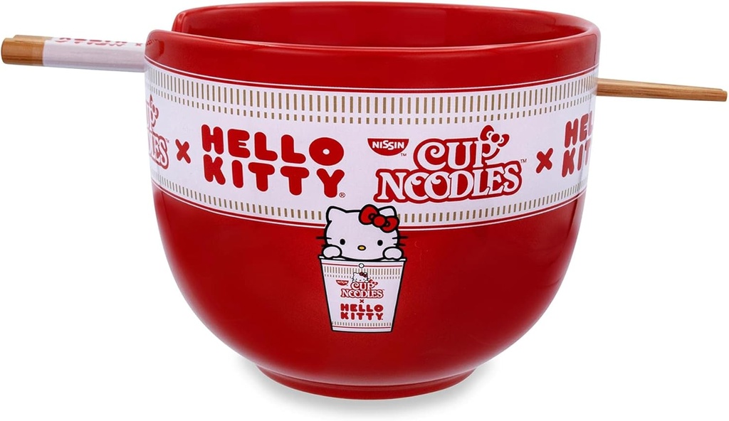 Silver Buffalo Sanrio Hello Kitty x Nissin Cup Noodles Red Ceramic Dinnerware Set | Includes Ramen Noodle Bowl and Wooden Chopsticks