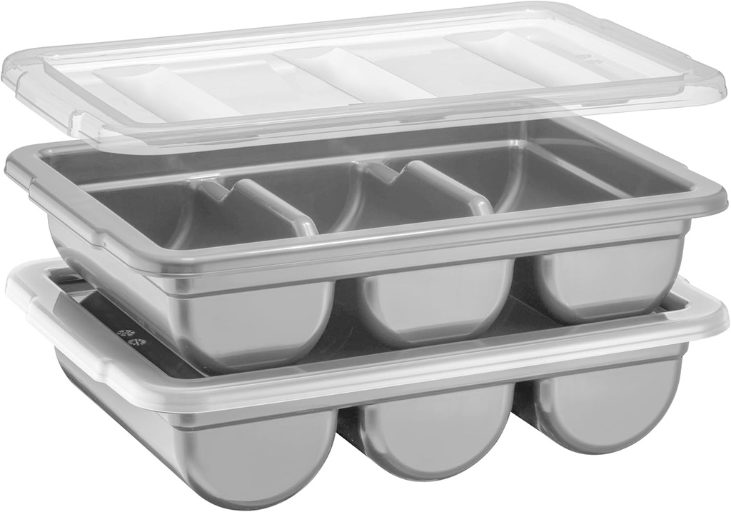 2 Pack - Cutlery Bin with Lid, Commercial 3-Compartment Flatware Tray with Cover, Silverware Divided Storage Plastic Container, Restaurant Condiments Holder, Covered Utensil Organizer Box, Gray
