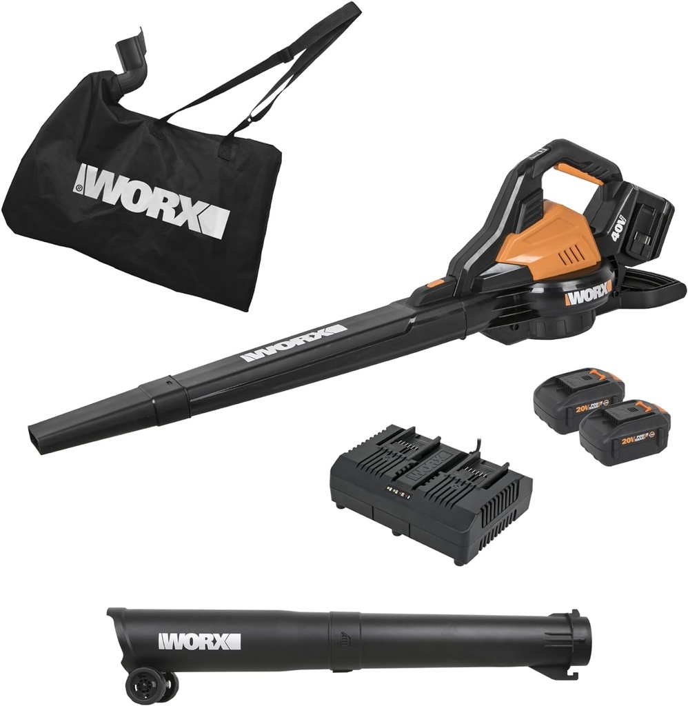 WORX WG583 40V Cordless Leaf Blower, 3 in 1 Blowers for Lawn Care with Vacuum & Mulcher, Electric Blower with Brushless Motor & 2 Speed Control, 2 Batteries & Charger Included