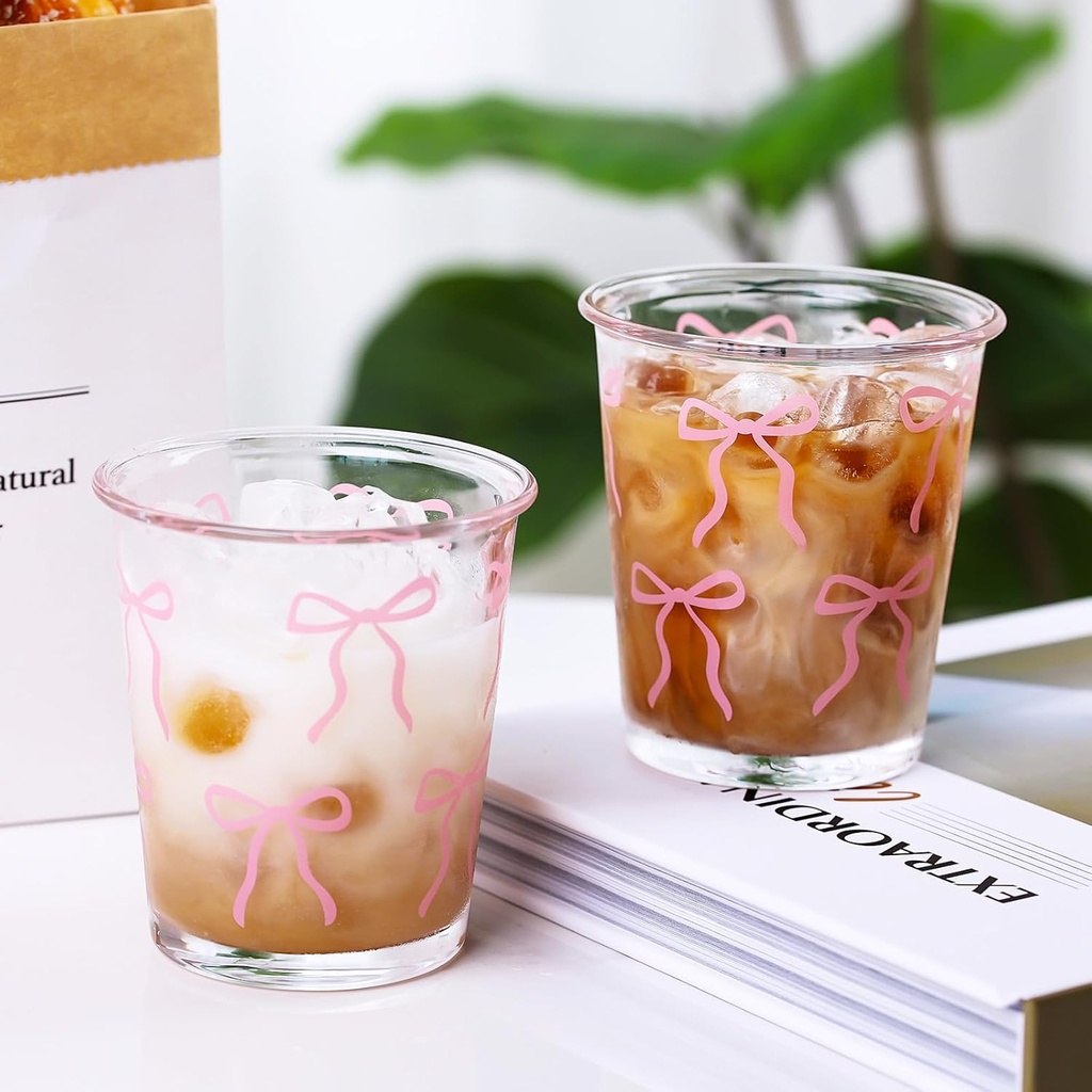 Yoiemivy 2 Pack Coquette Bow Glass Cups Pink Bow Iced Coffee Cups 12 oz Aesthetic Coquette Stuff Cute Drinking Glasses for Iced Coffee, Tea, Juice, Beverage, Milk