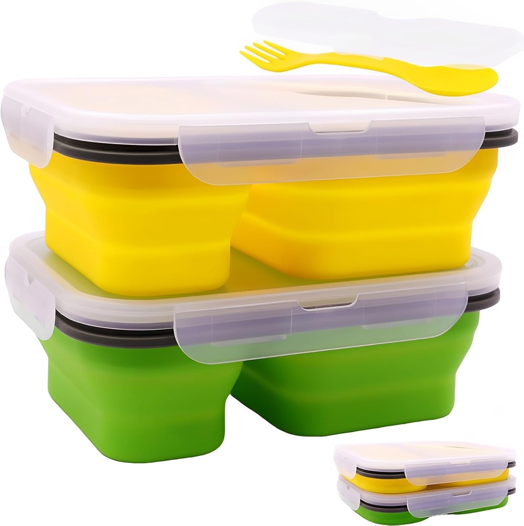 2 Pack Collapsible Silicone Bento Lunch Boxes With Lids,2 Compartments, Divided Lunch Food Storage Containers, 37.2 oz, Safe in Microwave, Dishwasher and Freezer, BPA Free