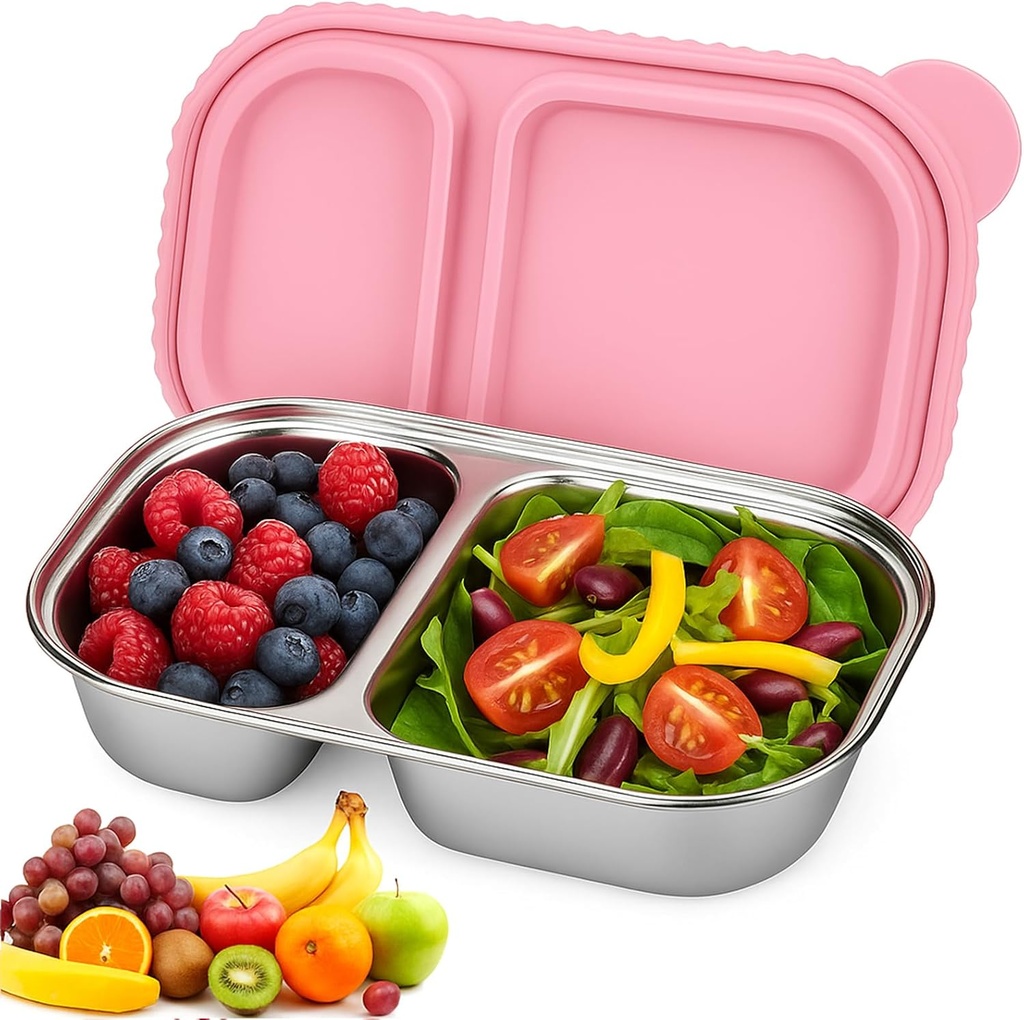 AIERSA Stainless Steel Lunch Box, (7 in x 4 in) Metal Snack Containers with Lids, Snack and Dip Container, Stainless Steel Bento Box, Reusable 2 Compartment Snackle Box - Pink