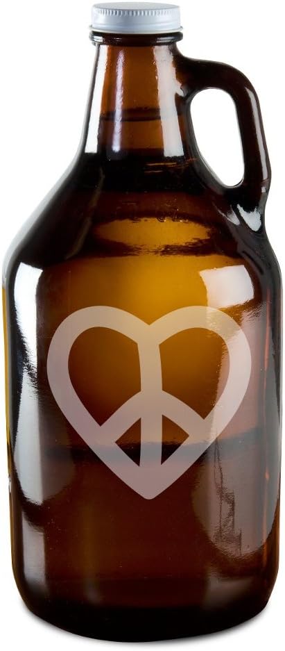 Peace And Love Heart Design Hand-Made Etched Glass Beer Growler 64 oz