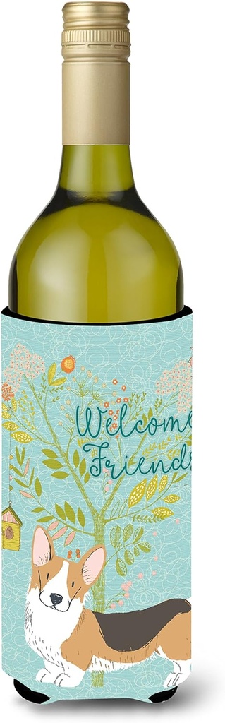 Caroline's Treasures BB7609LITERK Welcome Friends Pembroke Welsh Corgi Tricolor Wine Bottle Hugger Bottle Cooler Sleeve Hugger Machine Washable Collapsible Insulator Beverage Insulated Holder