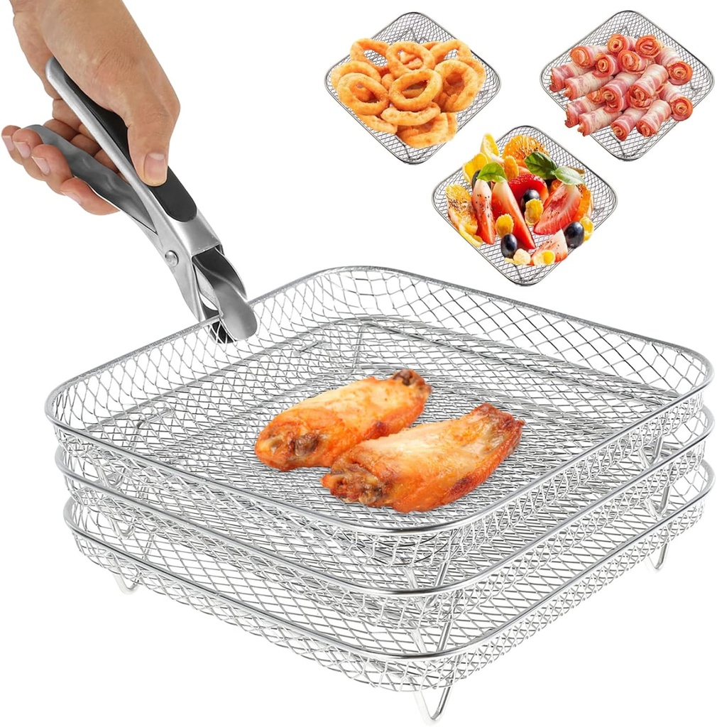 Air Fryer Three Stackable Racks,Air Fryer Rack for 5.8-8 Qt Air Fryer Multifunctional Dehydrator Rack with Tong Air Fryer Accessories for Oven, Microwave 7.87X7.87X3.54 Inc