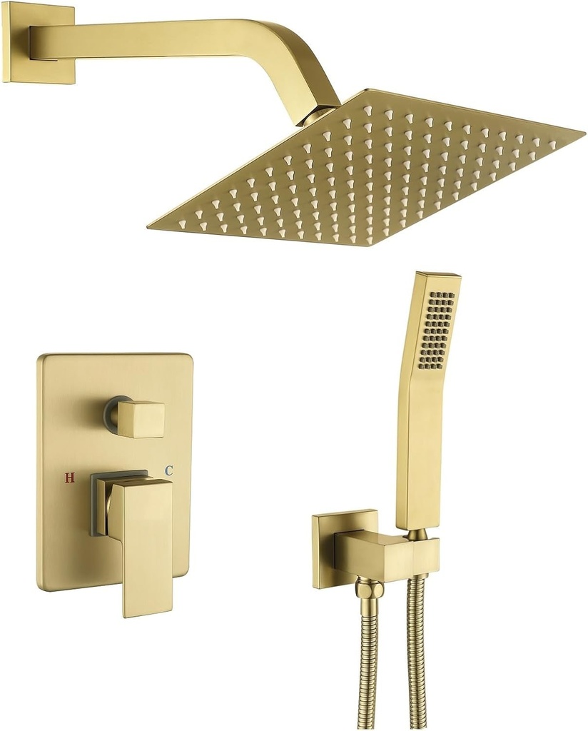 Bathtub Shower Faucet set with 10 Inch Shower Head and Handheld Shower System (Shower Head & Handheld, Brushed Gold)