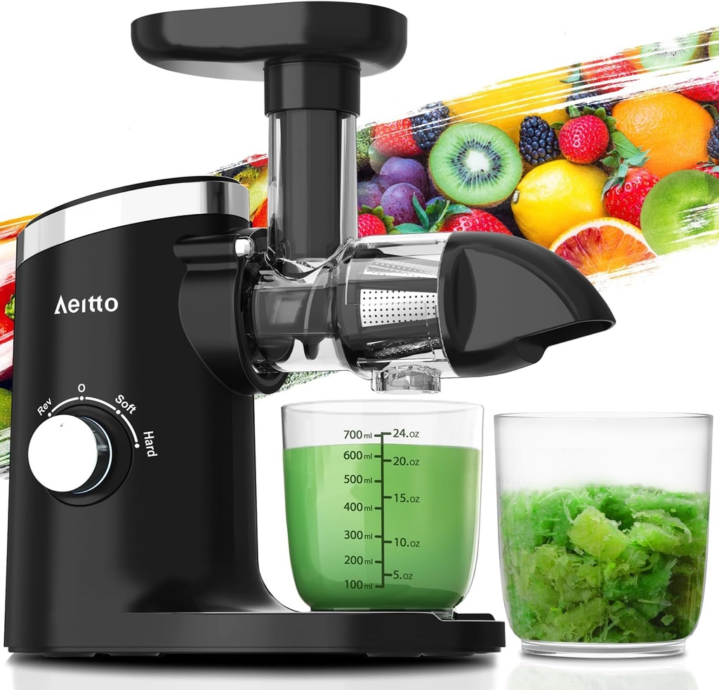Aeitto Classic Horizontal Cold Press Juicer, Slow Masticating Juicer with Quiet Motor, High Juice Yield, Easy to Clean, Juicer Machines with Soft & Hard Modes for Fruits & Vegetables, Premium Black