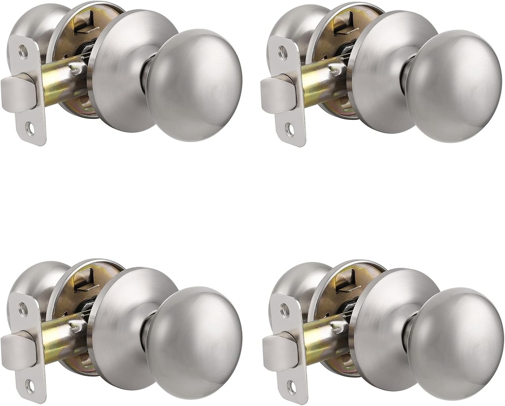 Knobonly Univeral Handing Passage Door Knobs, Brushed Nickel Keyless Unlocking Door Knob/Handleset for Hallway Closet, Flat Ball Classical Shaped, 4 Pack