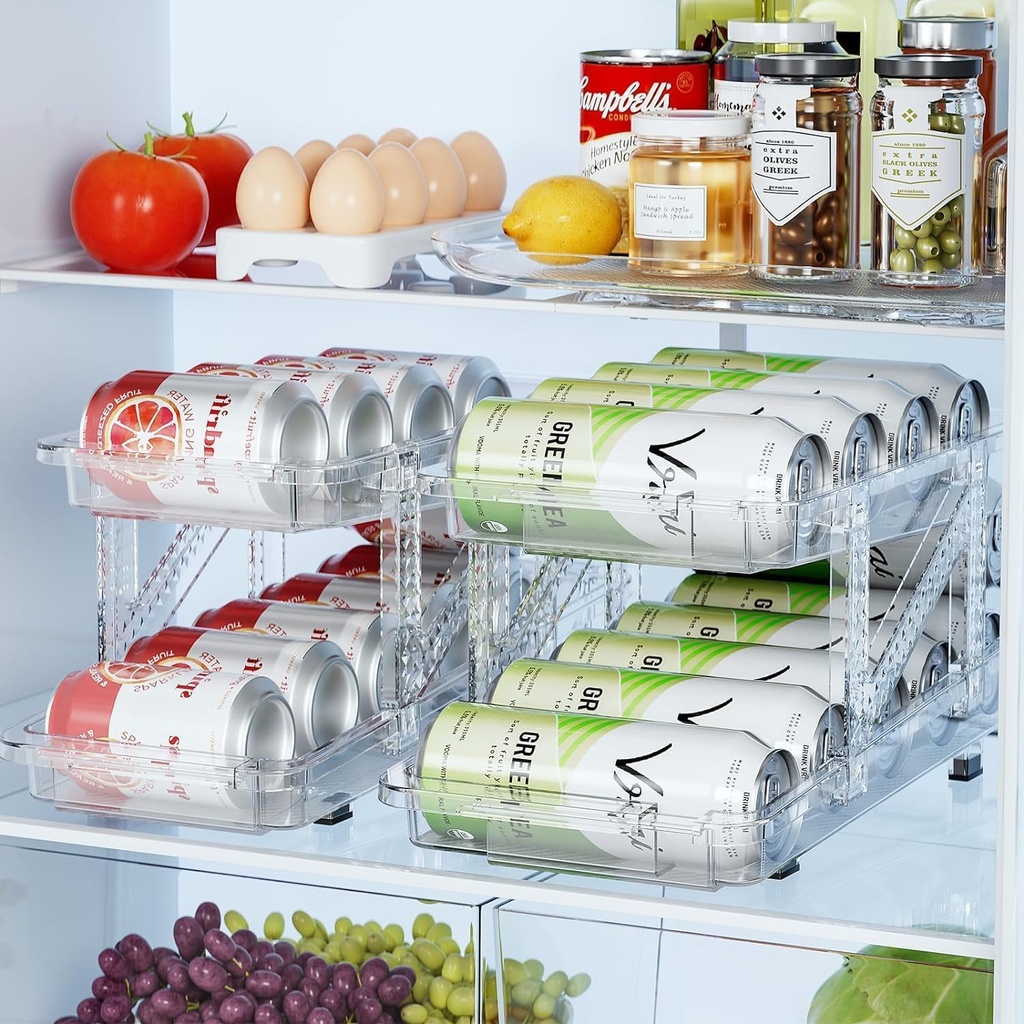 2-Pack Adjustable Can Dispenser for Refrigerator & Pantry - Expandable Width (6.23"-9.37") Gravity-Fed Organizer, Stackable Drink Holder Fits Standard/Tall Cans & Energy Drinks, BPA-Free (Clear-1)