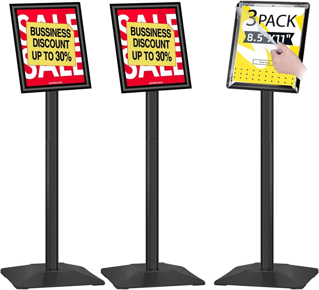 3Packs Heavy Duty Adjustable Pedestal Poster Sign Stand, 8.5x11 Aluminum Open Floor Standing Sign Holder for Vertical and Horizontal View Display (8.5x11,Black)