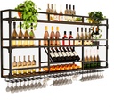 YIQIFLY Wine Rack Wall Mounted 39.3in, Bar Shelves with Wine Glass Rack 2 Tiers Metal Bottle Shelf Glass Holder Cabinet Grid Rack for Home, Dining Room Decorative, Wine Cellar (Black, 47.2in/120cm)