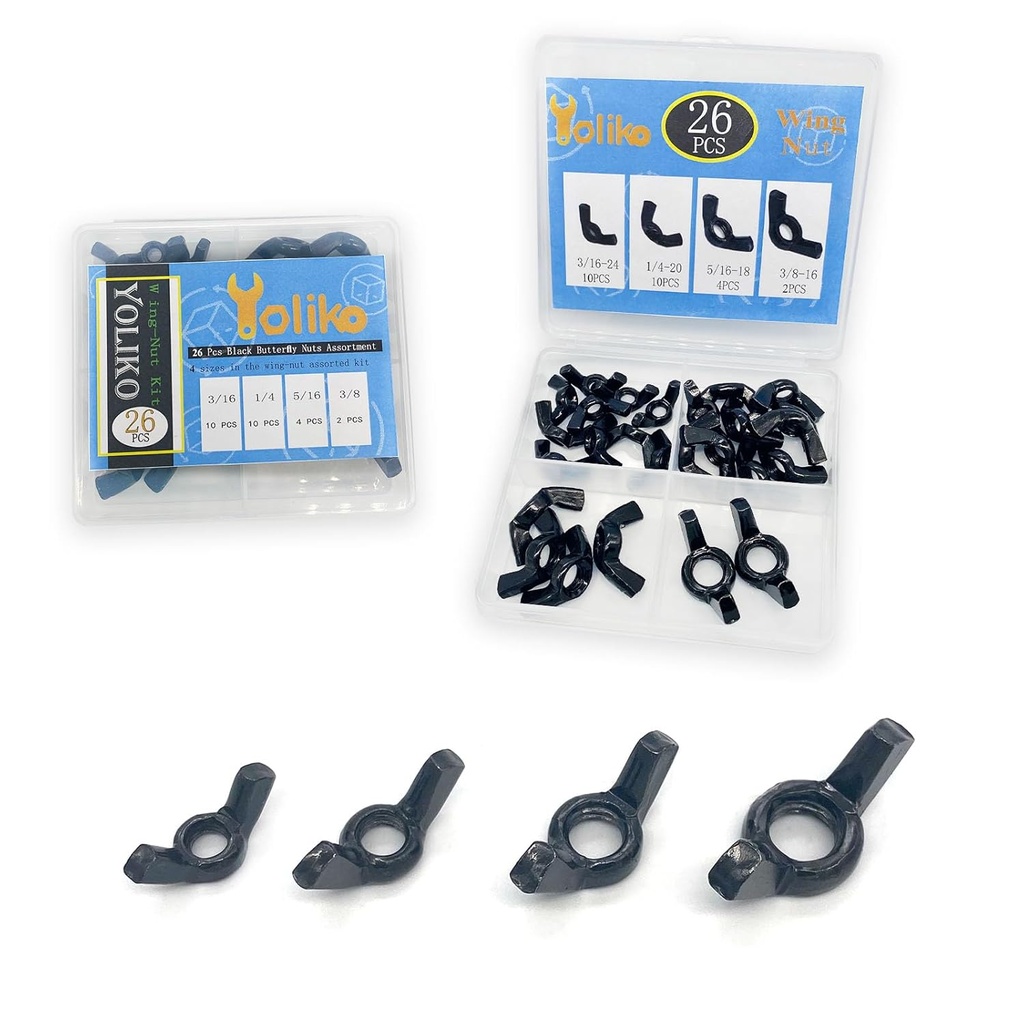 26 Pcs 4 Sizes 3/16",1/4",5/16",3/8" Wingnuts, Quality Carbon Steel Wing Nuts Black Zinc Plated Fasteners Parts Butterfly Nut, Hand Twist Tighten Hardware Nuts Butterfly Wing-Nut Assorted Kit