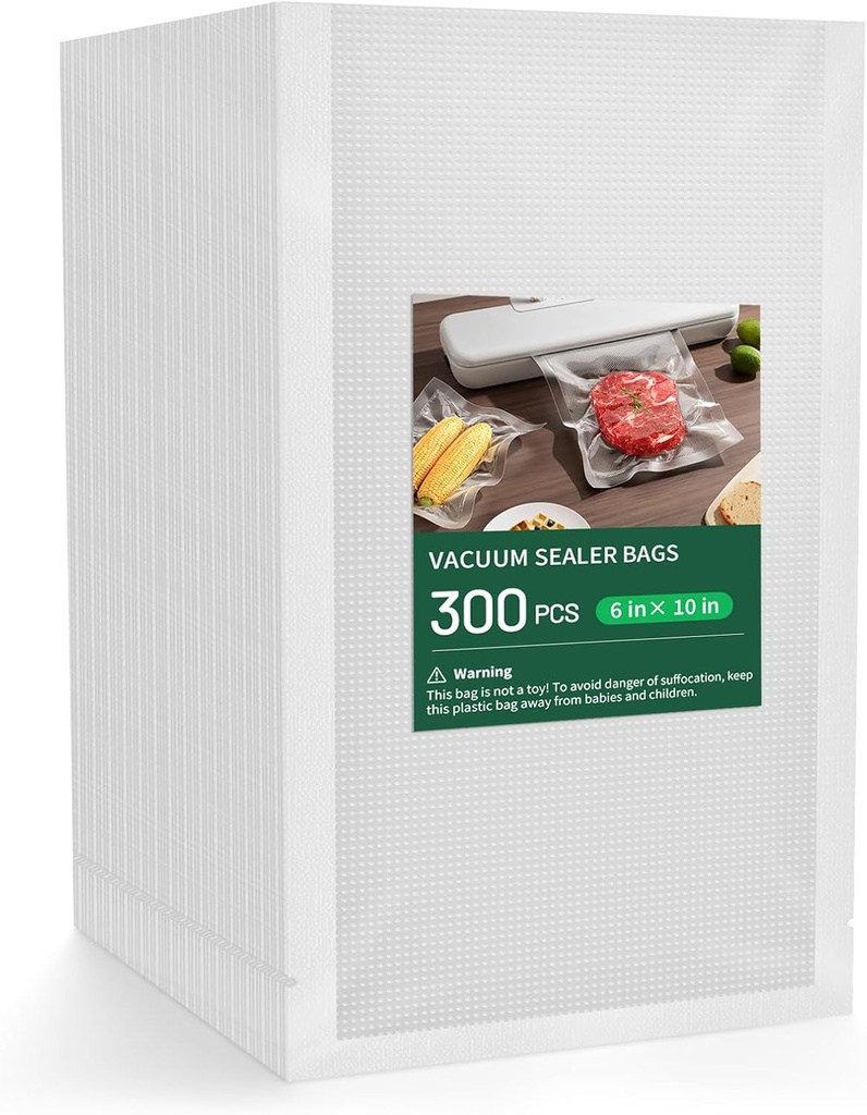 Sealer Bags 300 Pint 6" x 10", BPA Free and Heavy Duty, Commercial Grade Textured Food Vacuum Sealer Bag, Thick Embossed Bags for Food Storage and Sous Vide Cooking