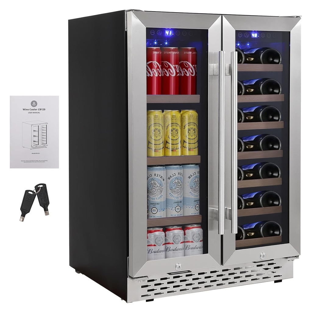 Dual Zone Wine Cooler - Holds 55 Cans & 20 Bottles, Quiet Compressor, Blue LED Lighting, 24 Inch Under Counter Design, Perfect for Home and Bedroom