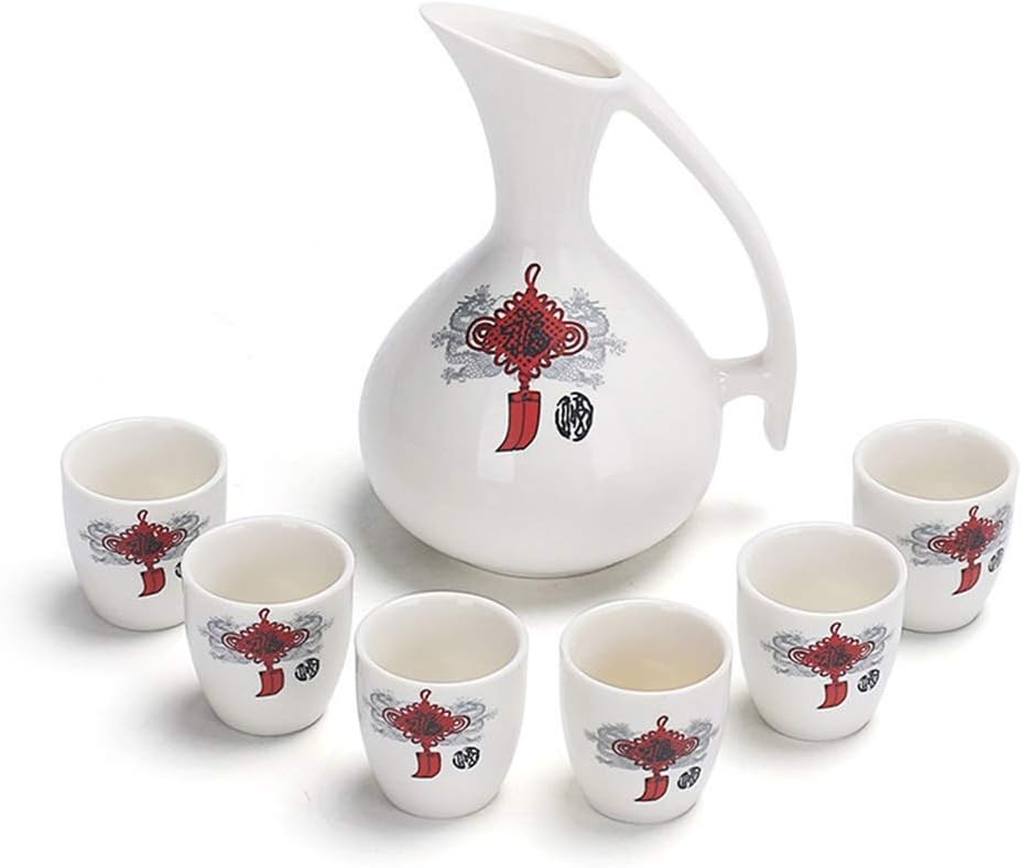 Sake Set of 7 Pieces Chinese Knot Porcelain Hand Painted White Traditional Retro Crafts