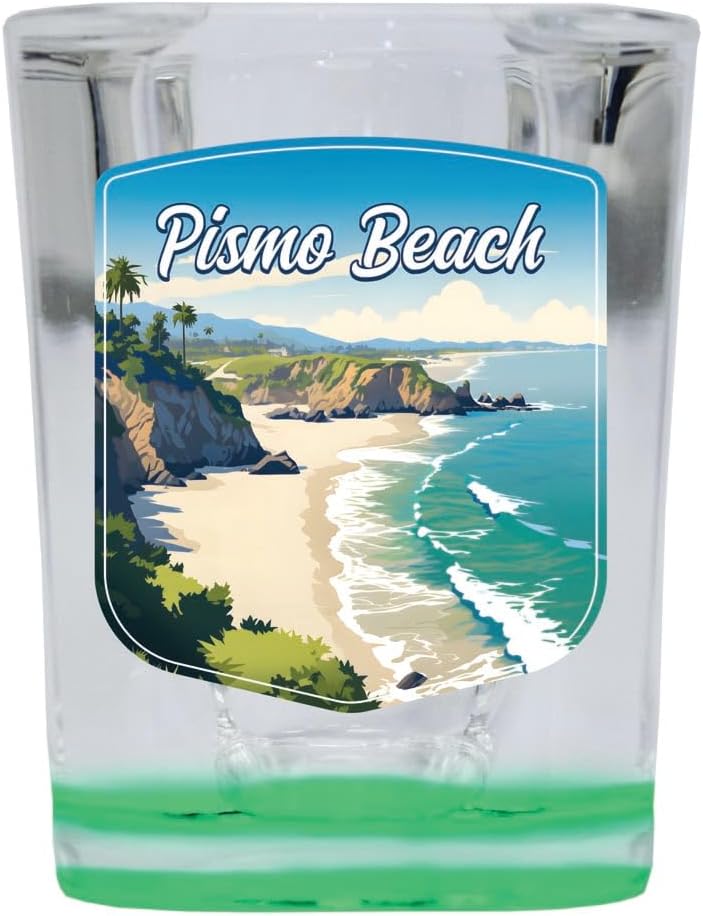 R and R Imports Pismo Beach California Shoreline Design Souvenir 2 Ounce Shot Glass Square Green Base 4-Pack