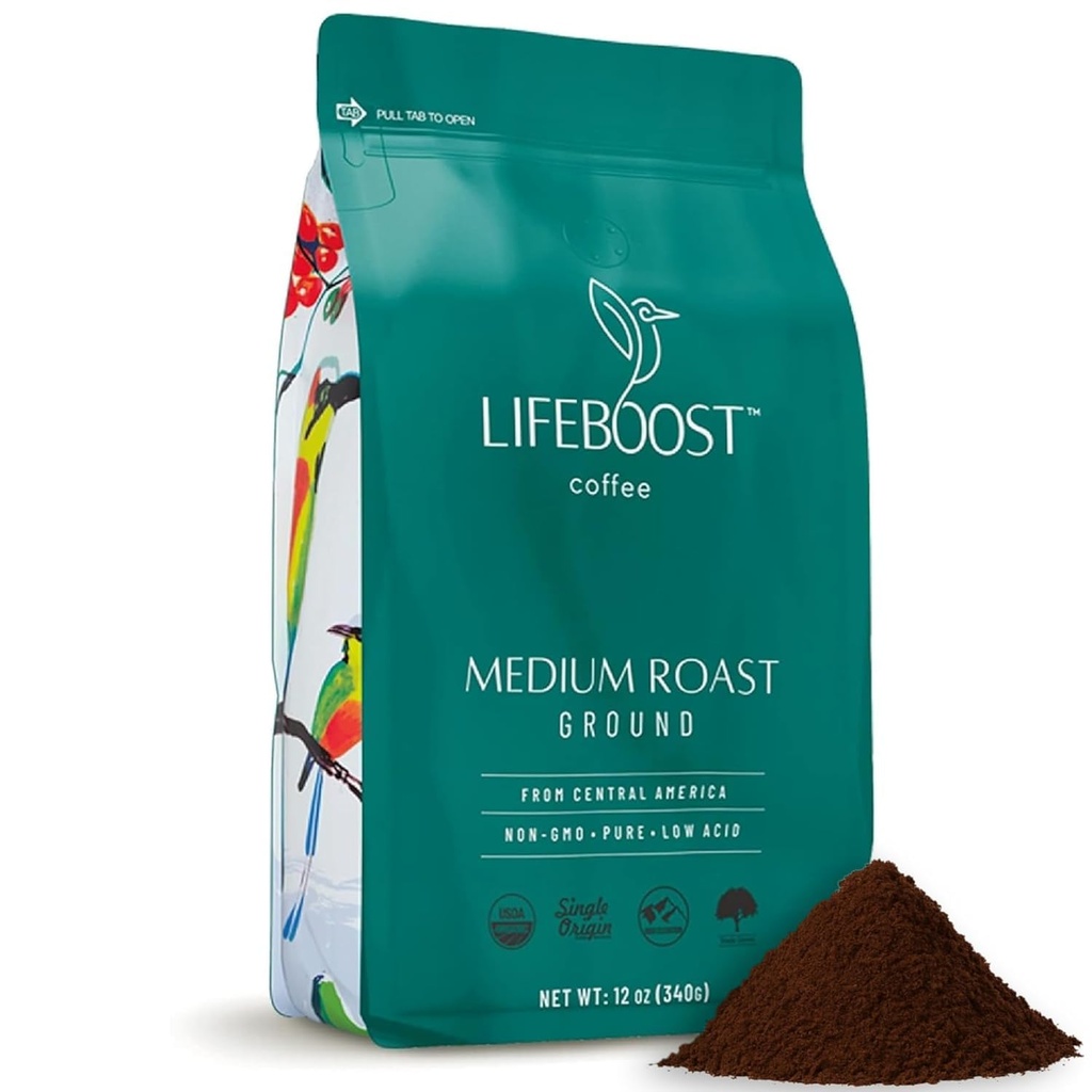 Lifeboost Coffee Ground Medium Roast Coffee - Low Acid Single Origin USDA Organic Coffee - Non-GMO Ground Coffee Third Party Tested For Mycotoxins & Pesticides - 12 Ounces