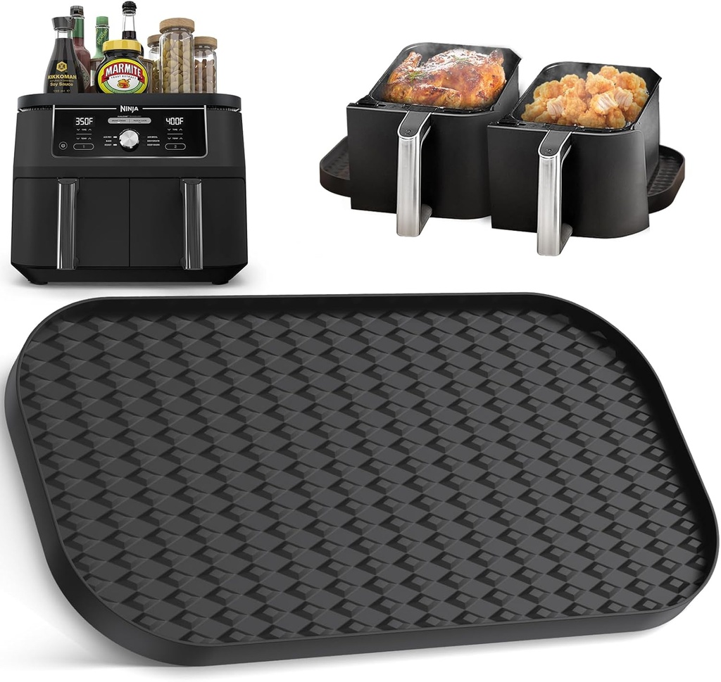 Silicone Mat for Ninja DZ401 DZ302 DZ550 Foodi 10 Quart 6-in-1 DualZone XL 2-Basket Air Fryer, Heat-Resistant Non-Slip Pad for Cooling Baskets and Spice Bottles, Black