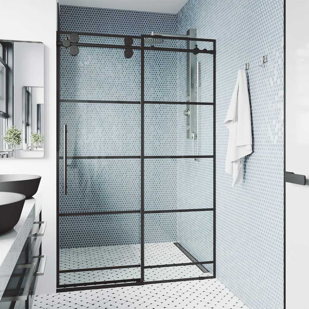 VIGO Elan 60 to 64 in. W x 74 in. H Sliding Frameless Shower Door in Matte Black with 3/8 in. Clear Glass-VG6041MBSCL6474