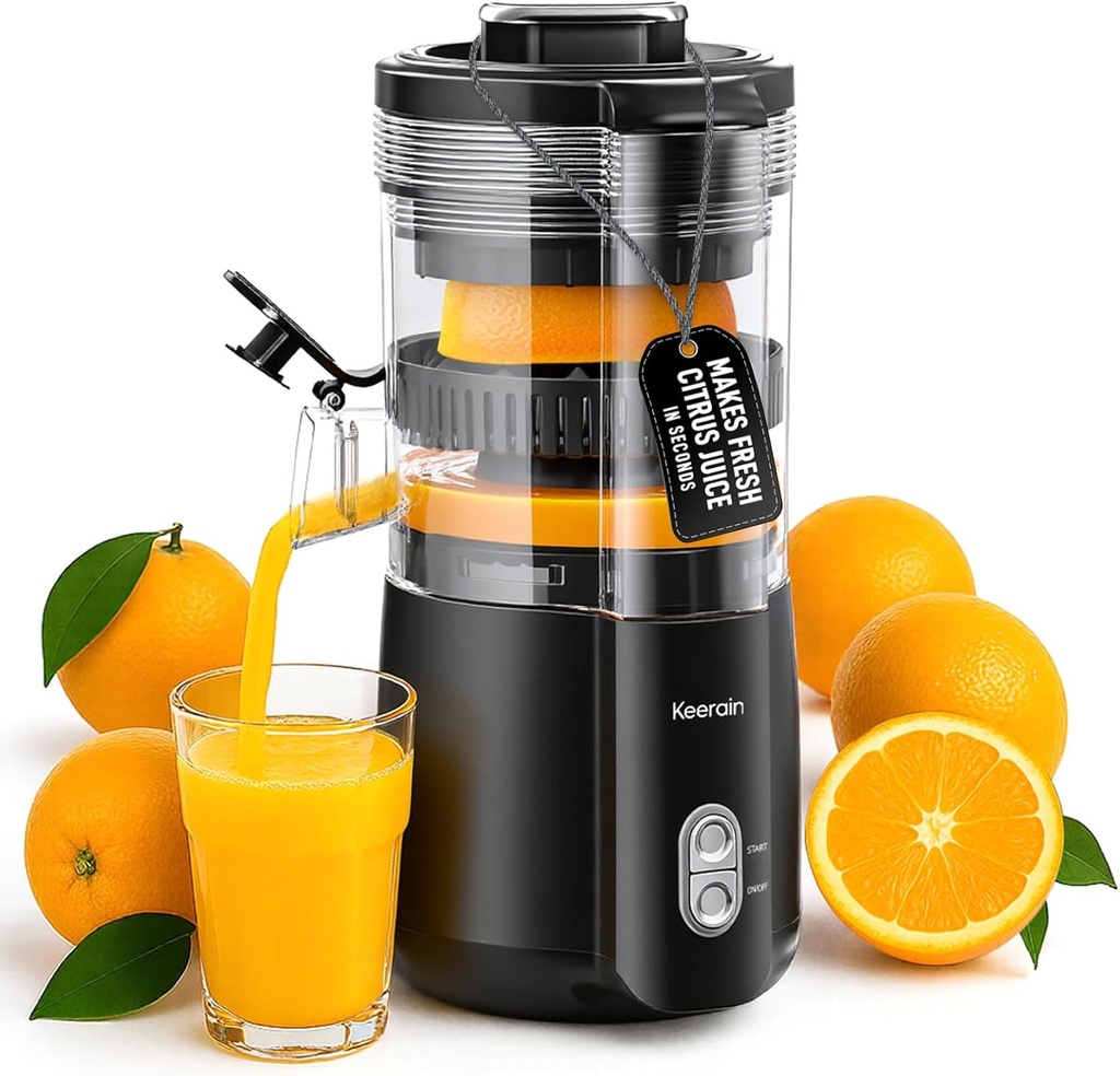 Keerain Electric Orange Juicer, Hand-Free Citrus Juicer Machine with Cleaning Brush, High-Performance Automatic Juice Squeezer for Lemon, Lime, Grapefruit, Pomegranate, Easy to Clean & Use