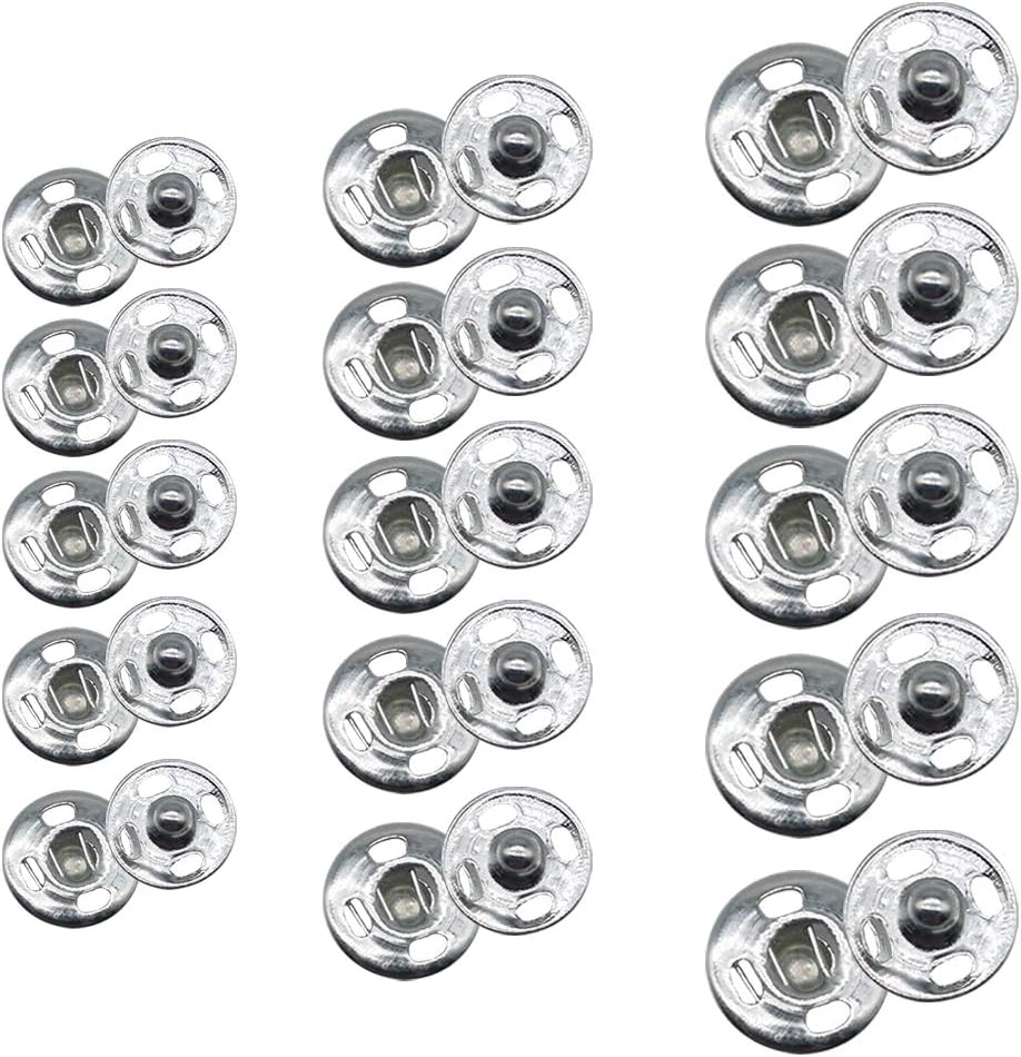 120 Sets 3 Sizes Sew On Snap Buttons Metal Fastener Press for Sewing Clothing Silvery (8mm 10mm 13mm)