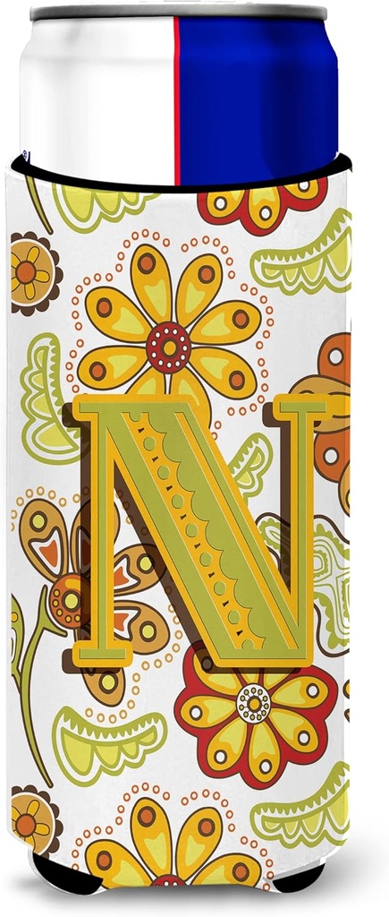 Letter N Floral Mustard and Green Ultra Beverage Insulators for slim cans