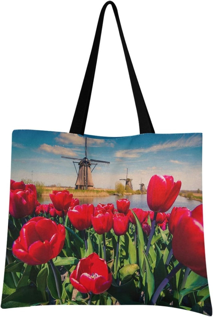 visesunny Women Extra Large Tote Bag Dutch Windmill Red Tulip On The Netherlands Canals Shoulder Bags Ladies Beach Travel Reusable Grocery Shopping Portable Storage Handbag