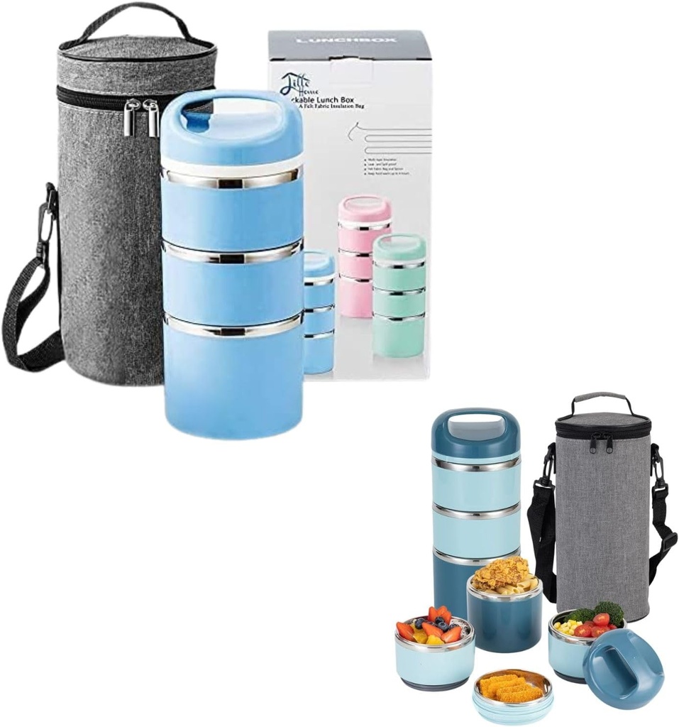 Lille Home Stackable Stainless Steel Lunch Box Thermal Food Containers, 3-Tier Insulated Bento Box with Lunch Bag, Leakproof & BPA Free (Blue)