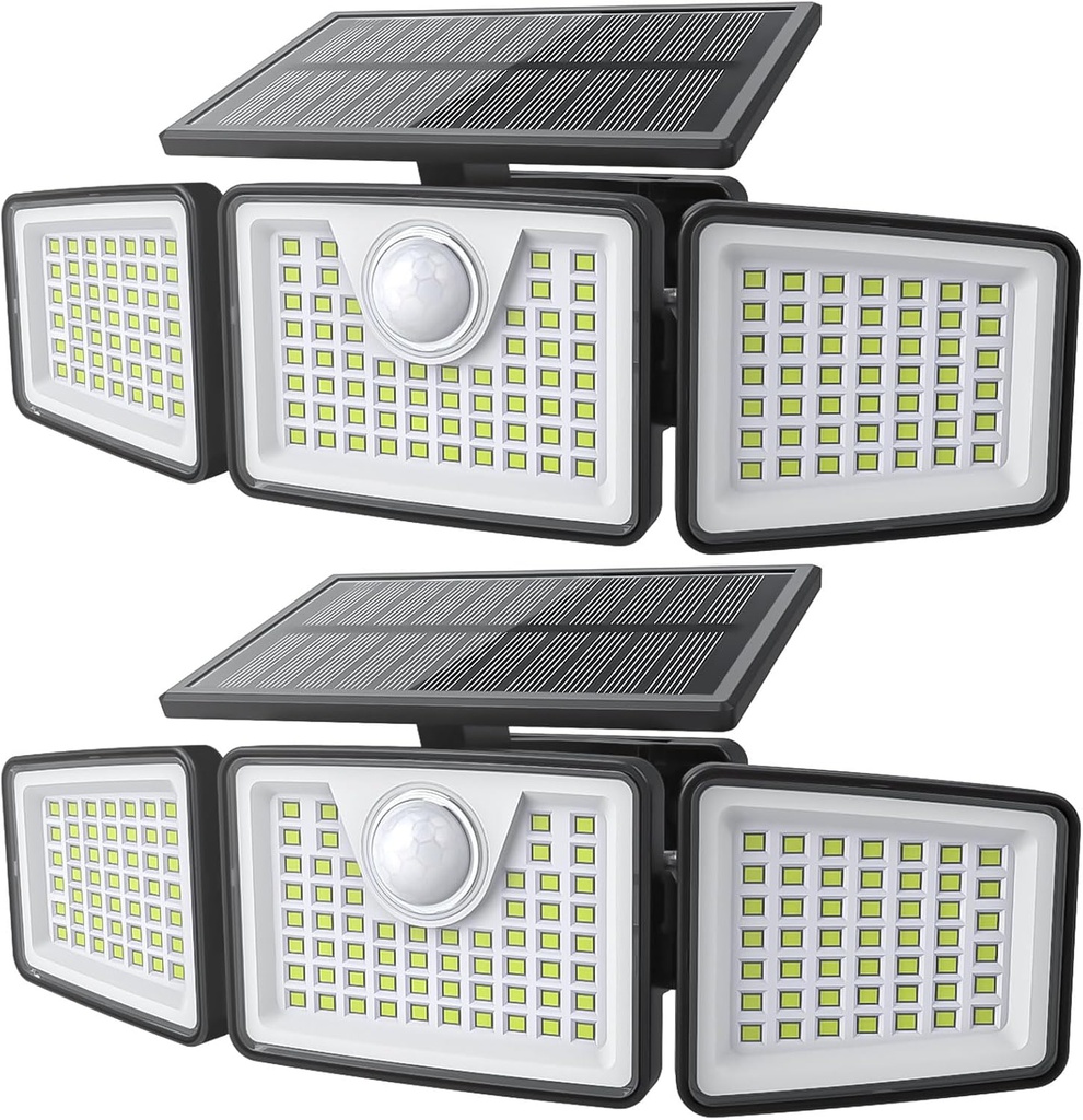 2500LM Solar Lights Outdoor with Motion Sensor,3 Head 270° Wide Angle Street Area Lights, IP65 Waterproof Security Lighting with 3 Modes(Non-Remote,2 Pcs)