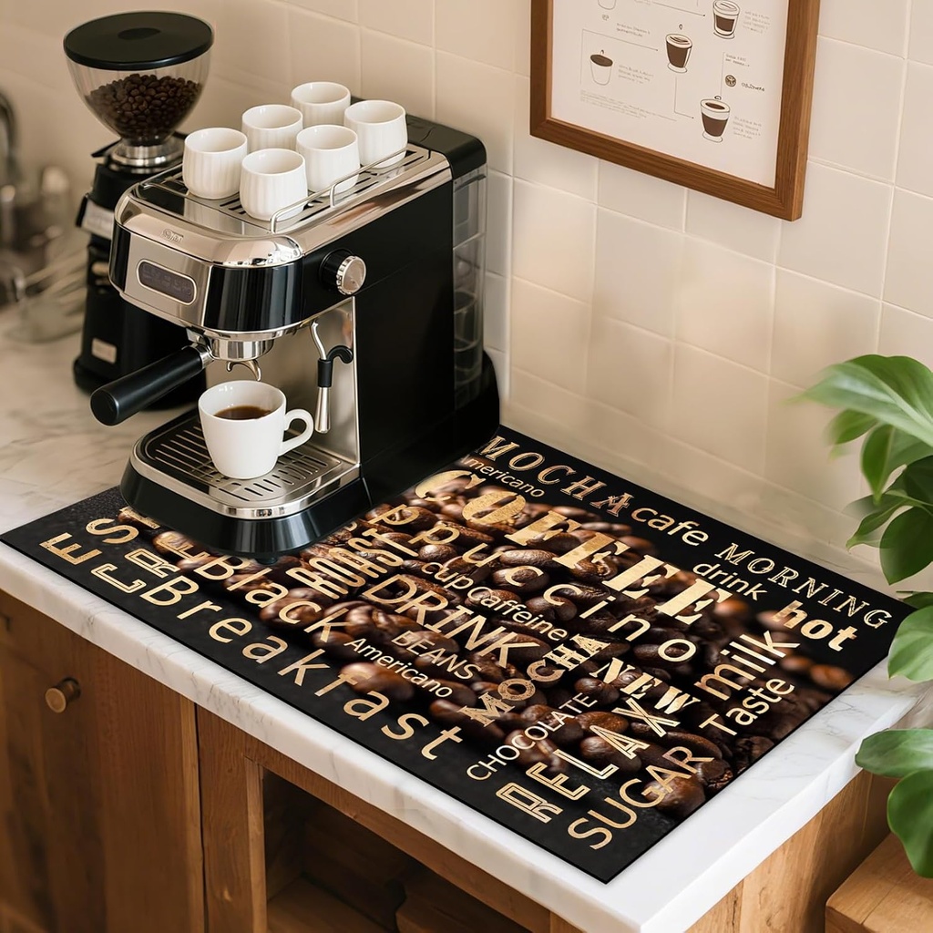 Dish Drying Mat for for Kitchen Counter-Coffee Bar Mat Accessories Fit Under Espresso Machine Maker, Super Absorbent Hide Stain Quick Dry Mat Non-slip dish rack (Coffee Beans, 16"X24")