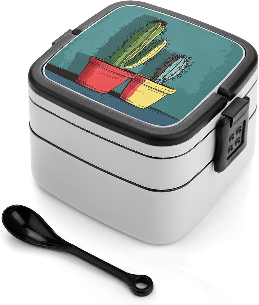 All-in-One Bento Box Stackable Leak-Proof Lunch Box With Carry Handle 2 Layer Portable Meal Prep Container Cactus in Jar Lunchbox with Utensils for Dining Out Work, Black
