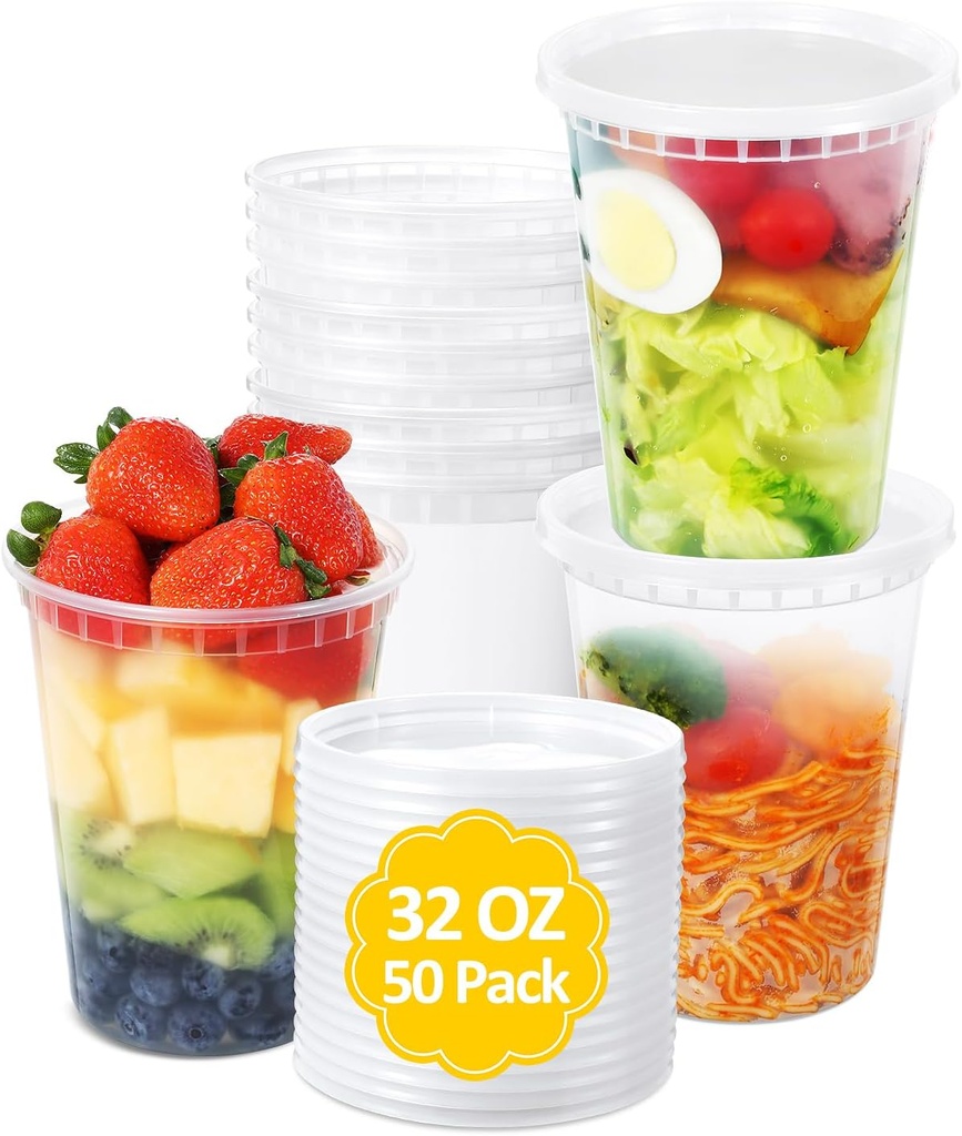 SHOPDAY Deli-Containers-with-Lids-32 Oz 50 Sets - Plastic-Food-Storage-Containers-with-Airtight-Lids, Freezer-Containers-for-Meal-Prep, Soup-Container-for-Overnight Oats, To-Go-Container